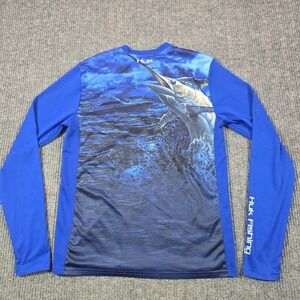 Huk Shirt Mens Small Blue Long‎ Sleeve Fishing Marlin Graphic Huk Fishing